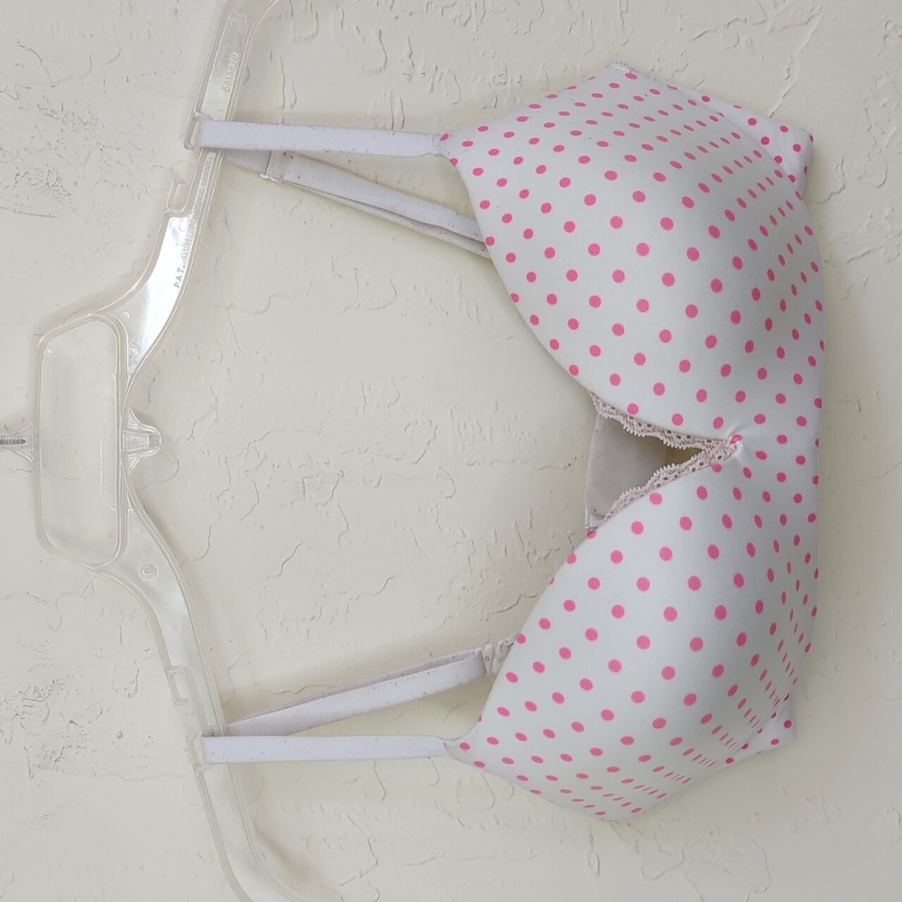 Victoria's Secret White Pink Polka Dot Padded Push-Up Plunge Bra Size 34D